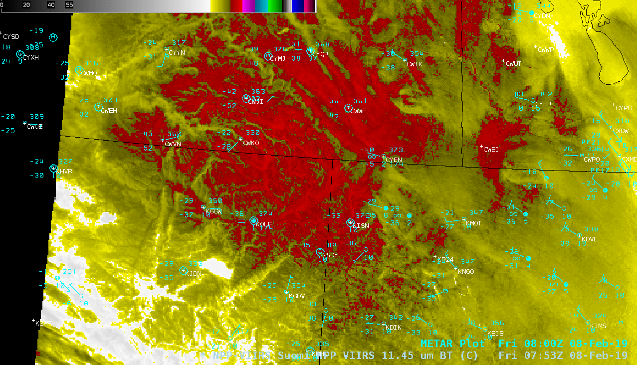 VIIRS Infrared Window (11.45 µm) images from Suomi NPP (at 0753 and 0937 UTC) and NOAA-20 (at 0844 UTC) [click to enlarge]