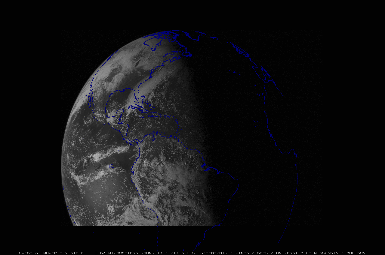 GOES-13 Visible (0.63 µm), Shortwave Infrared (3.9 µm), Water Vapor (6.5 µm), Infrared Window (10.7 µm) and Infrared CO2 Absorption (13.3 µm) images at 2015 UTC [click to enlarge]