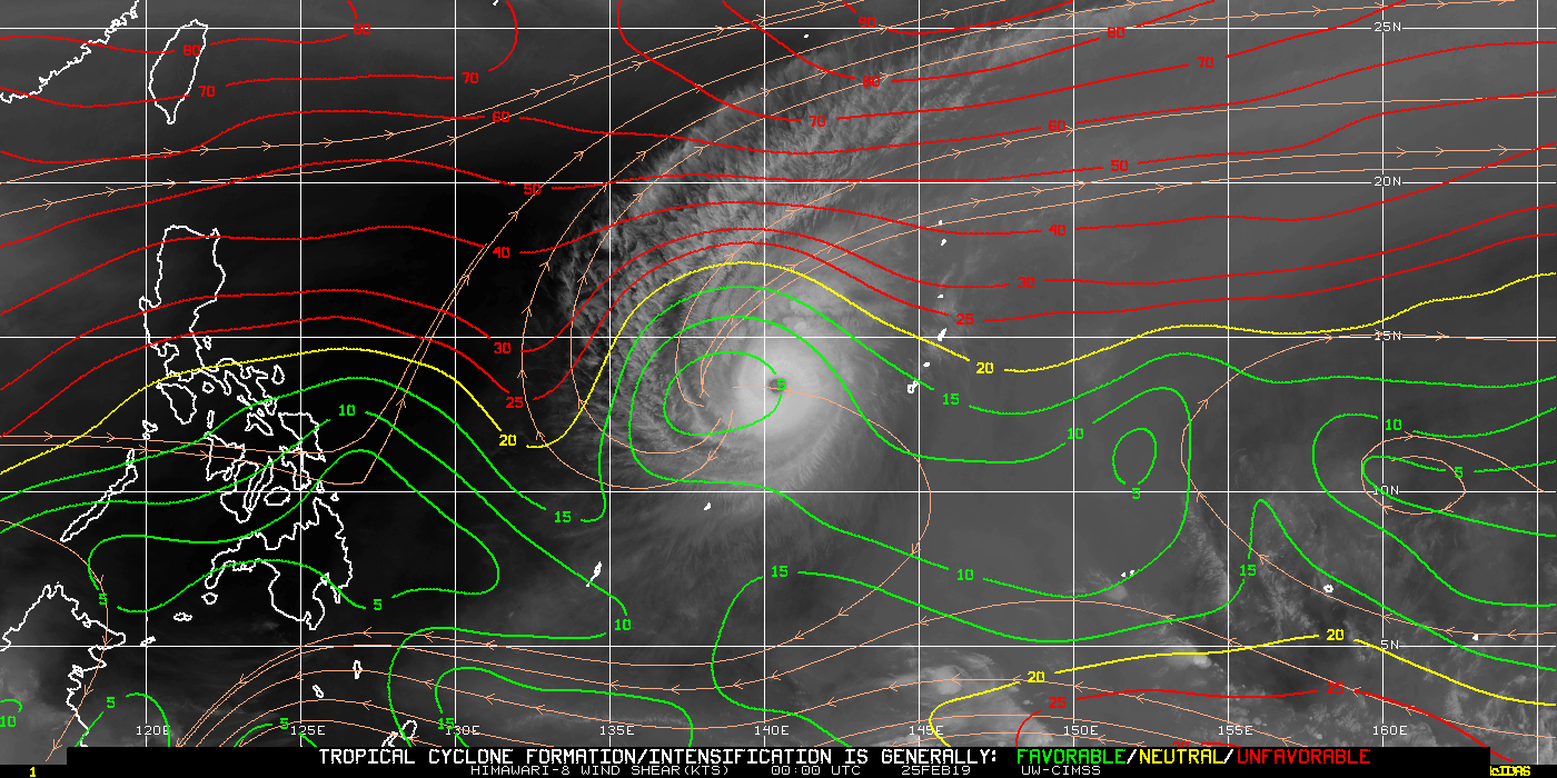 Himawari-8 Water Vapor (6.9 µm) images, with contours of deep-layer wind shear [click to enlarge]
