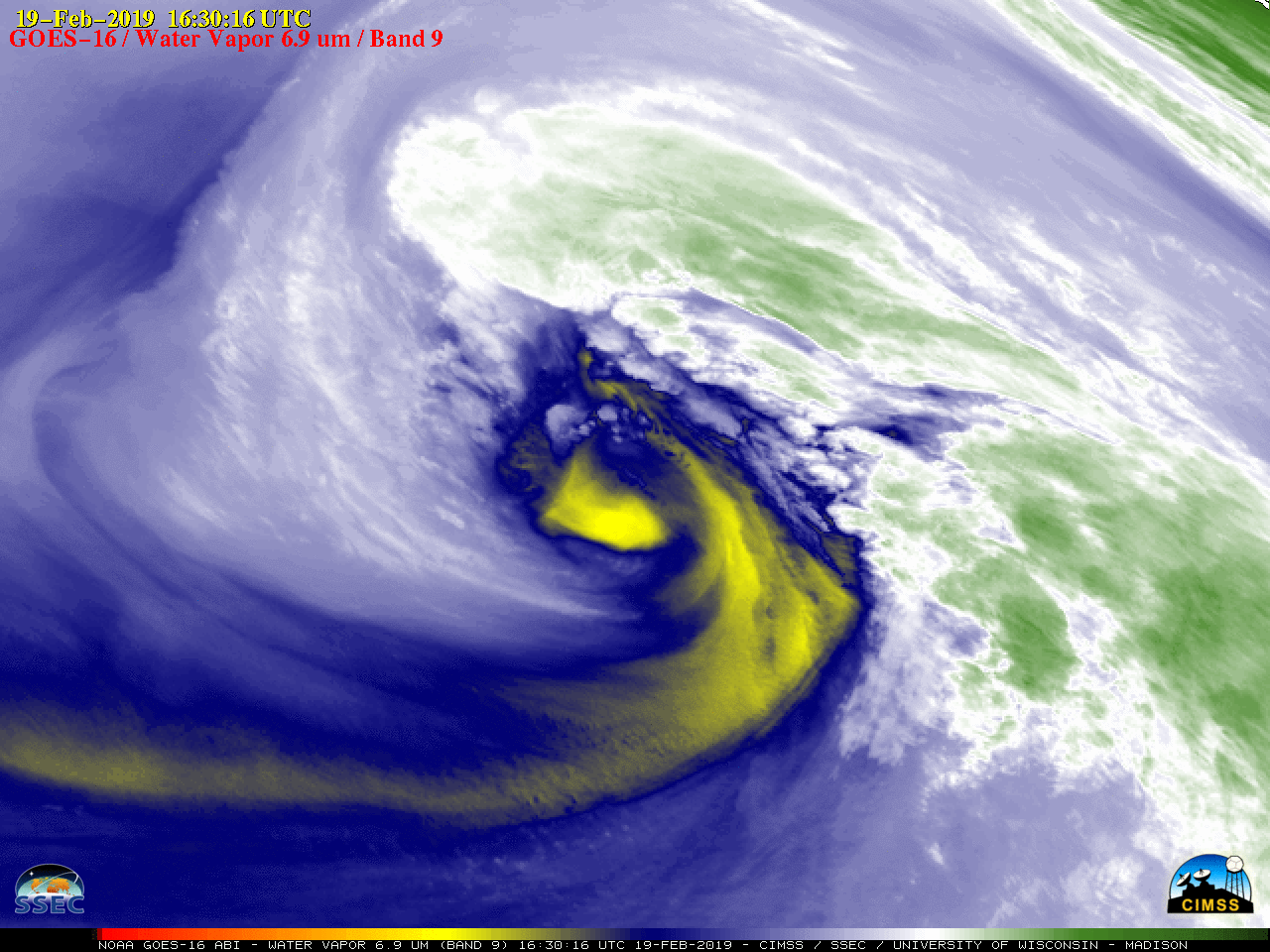 GOES-16 "Red" Visible (0.64 µm) and Mid-level Water Vapor (6.9 µm) images [click to play animation]