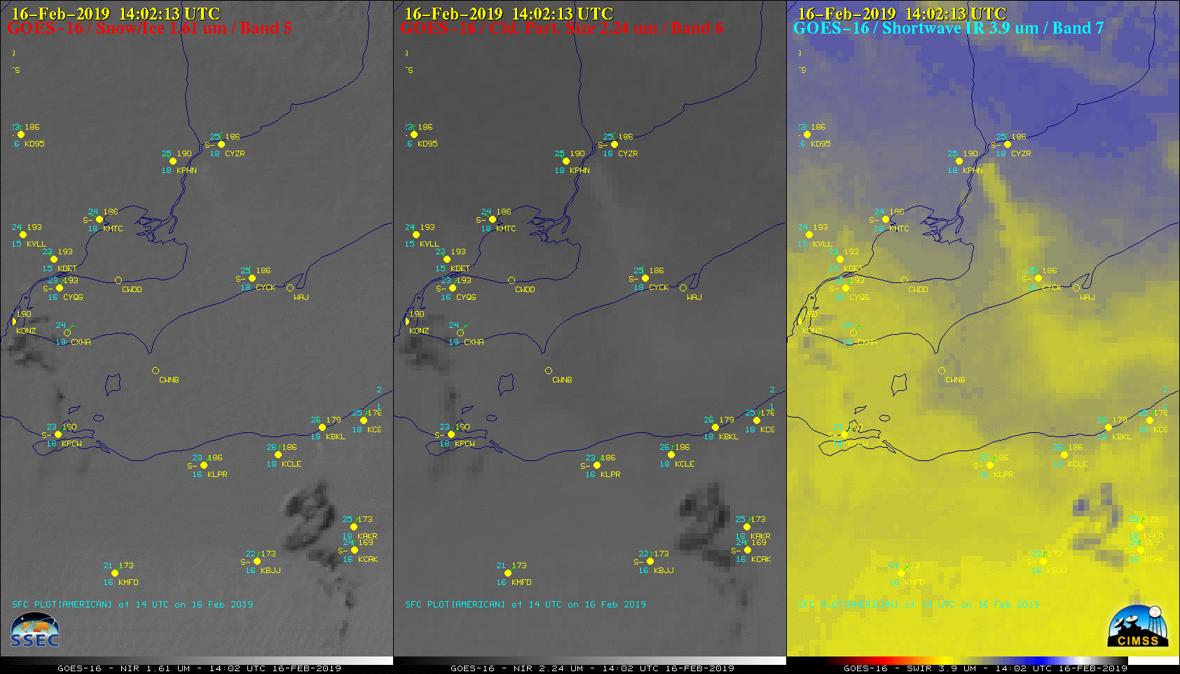 GOES-16 Near-Infrared "Snow/Ice" (1.61 µm, left) and Near-Infrared "Cloud Particle Size" (2.24 µm, center) and Shortwave Infrared (3.9 µm, right) images [click to play animation | MP4]
