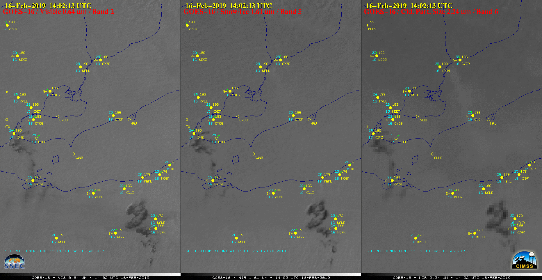 GOES-16 "Red" Visible (0.64 µm, left), Near-Infrared "Snow/Ice" (1.61 µm, center) and Near-Infrared "Cloud Particle Size" (2.24 µm, right) images [click to play animation | MP4]