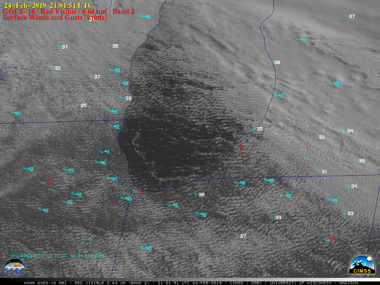 GOES-16 "Red" Visible (0.64 µm) images, with hourly plots of surfave winds and gusts in knots [click to play MP4 animation]