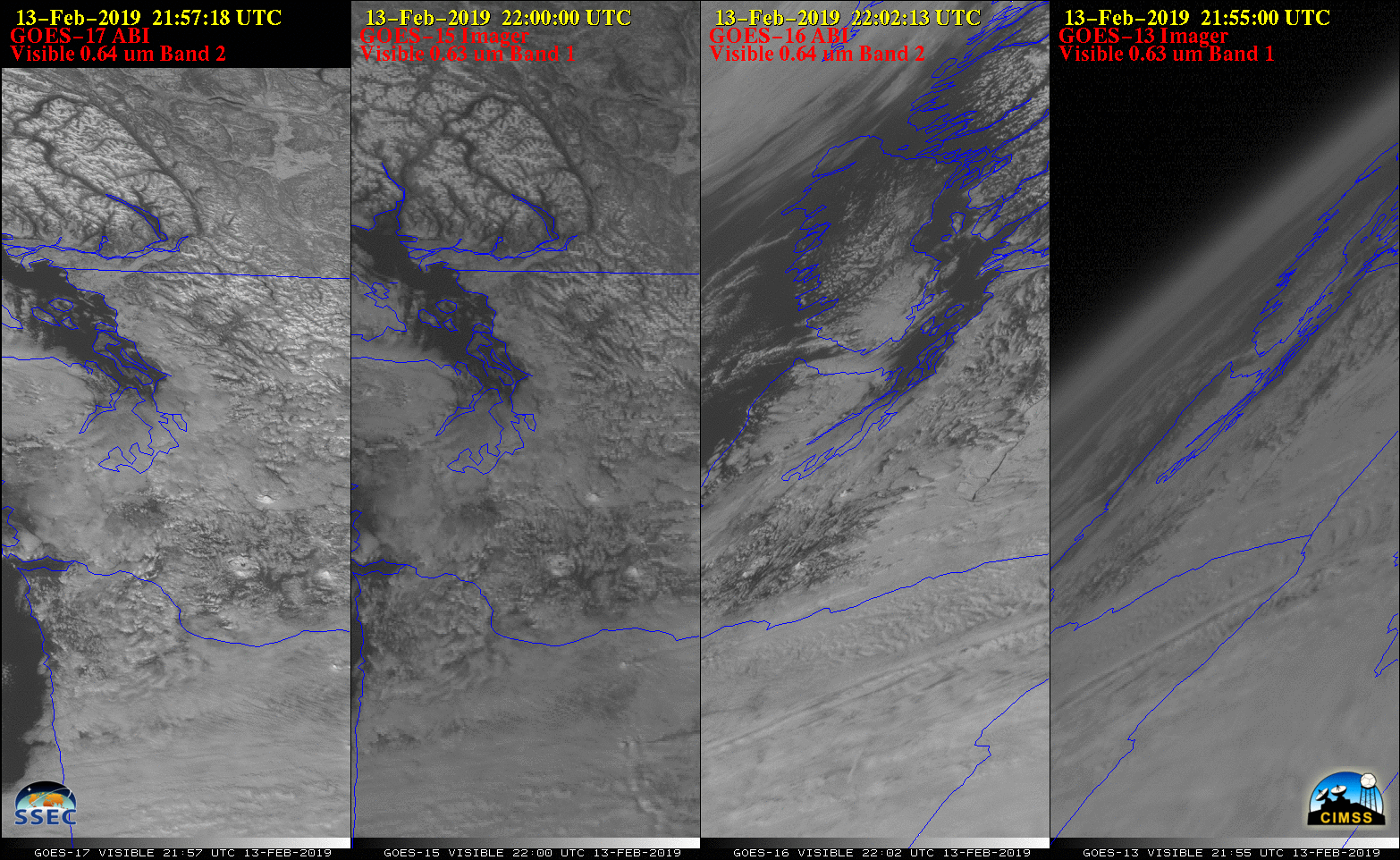 Visible images, centered at Seattle, from (left to right) GOES-17, GOES-15, GOES-16 and GOES-13 [click to play animation | MP4]