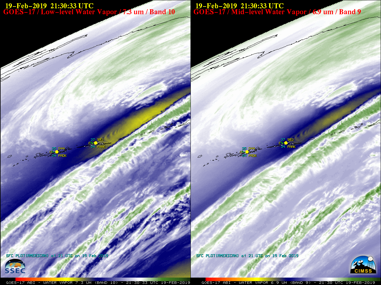 GOES-17 Low-level (7.3 µm) and Mid-level (6.9 µm) Water Vapor images [click to play animation]