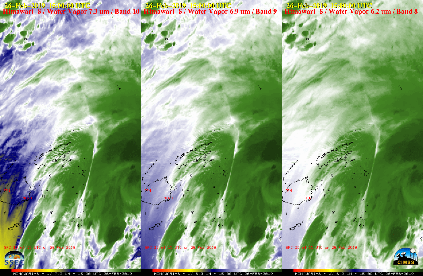 Himawari-8 Low-level (7.3 µm), Mid-level (6.9 µm) and Upper-level (6.2 µm) Water Vapor images [click to play animation | MP4]