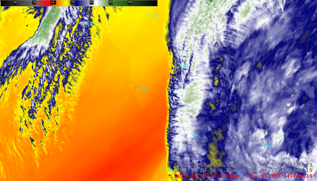 GOES-16 Low-level Water Vapor (7.3 µm) images, with and without a map overlay; rawinsonde sites are plotted in cyan [click to play animation | MP4]