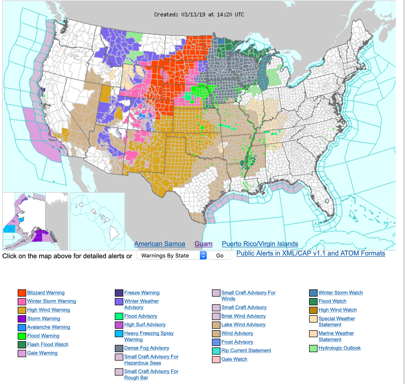Map of NWS warnings and advisories at 14 UTC [click to enlarge]