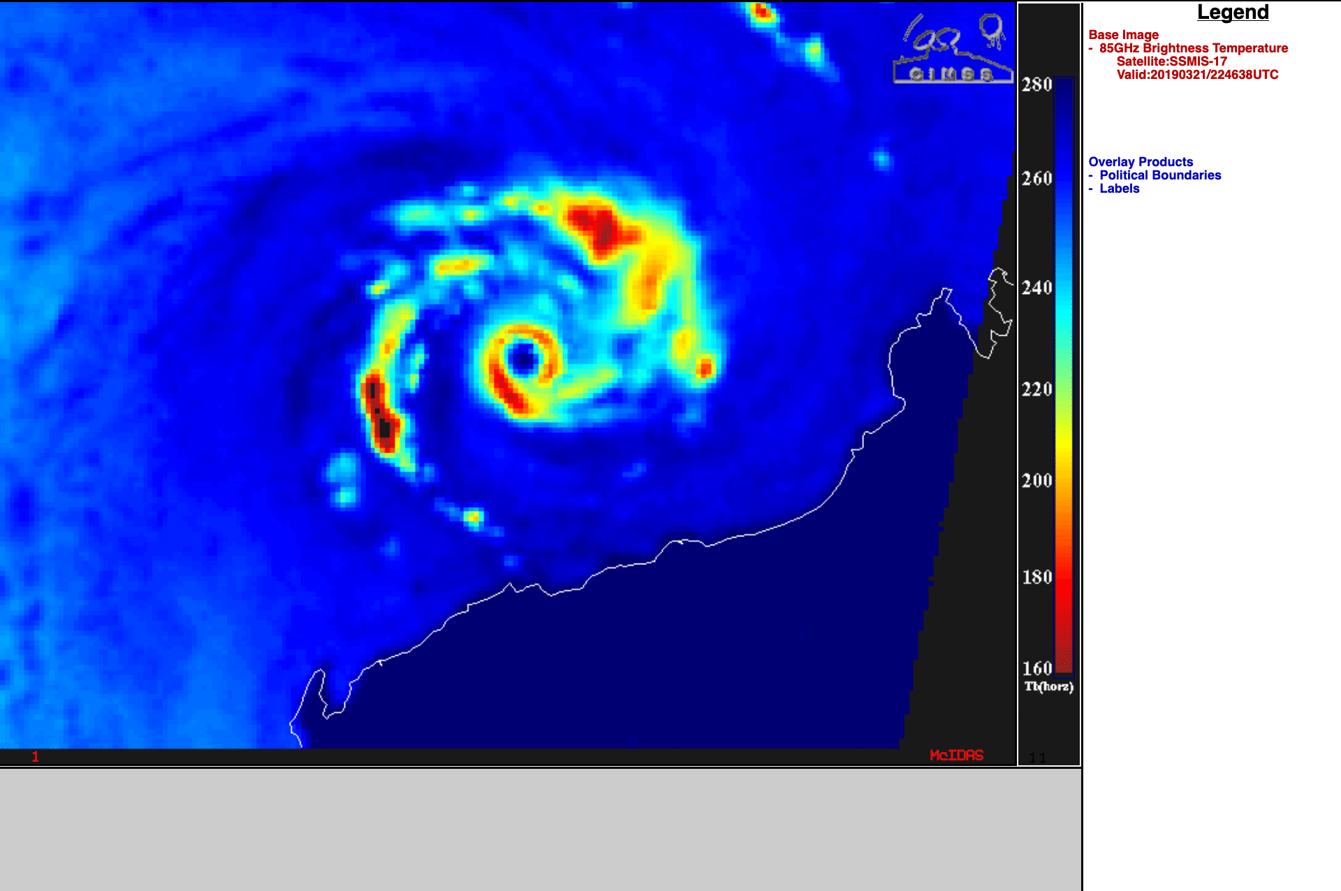 DMSP-17 SSMIS Microwave (85 GHz) image at 2246 UTC, with an overlay of 21 UTC deep-layer Wind Shear, and Sea Surface Temperature [click to enlarge]