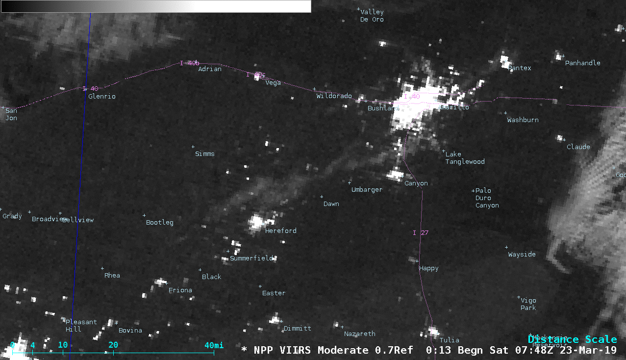 Suomi NPP VIIRS Day/Night Band (0.7 µm) image at 0748 UTC and GOES-16 "Red" Visible (0.64 µm) image at 1427 UTC [click to enlarge]