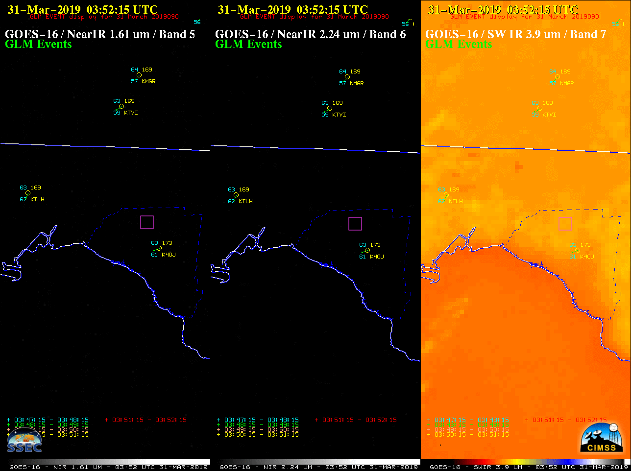GOES-16 Near-Infrared "Snow/Ice" (1.61 µm, left), Near-Infrared "Cloud Particle Size" (2.24 µm, center) and Shortwave Infrared (3.9 µm, right) images, with 1-minute plots of GLM Events [click to enlarge]