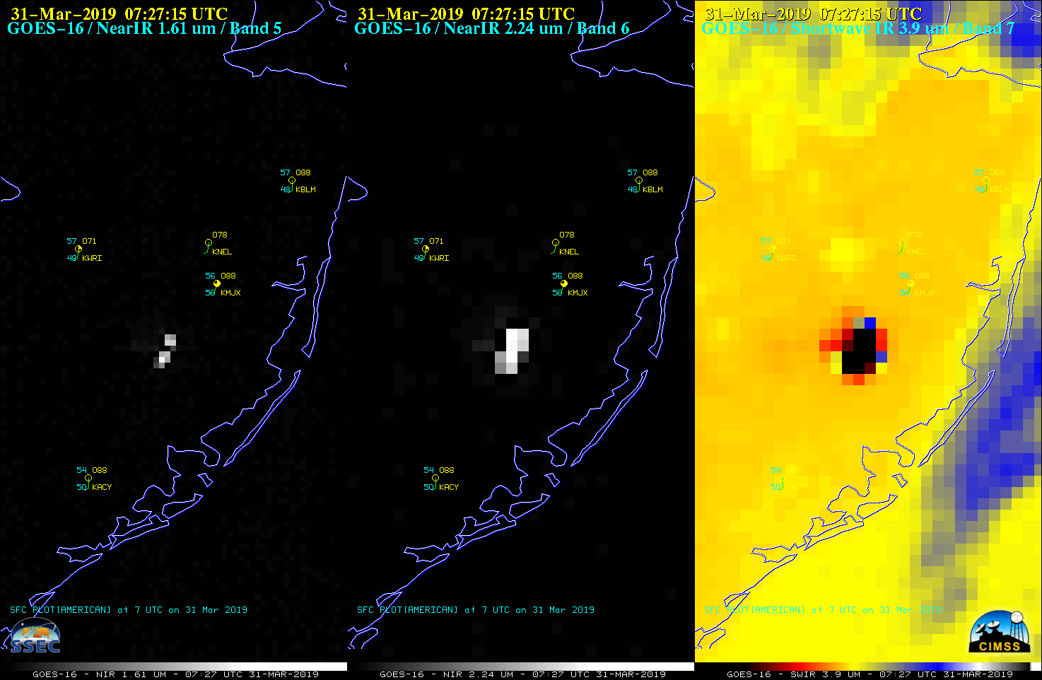 GOES-16 Near-Infrared “Snow/Ice” (1.61 µm, left), Near-Infrared “Cloud Particle Size” (2.24 µm, center) and Shortwave Infrared (3.9 µm, right) images [click to play animation | MP4]