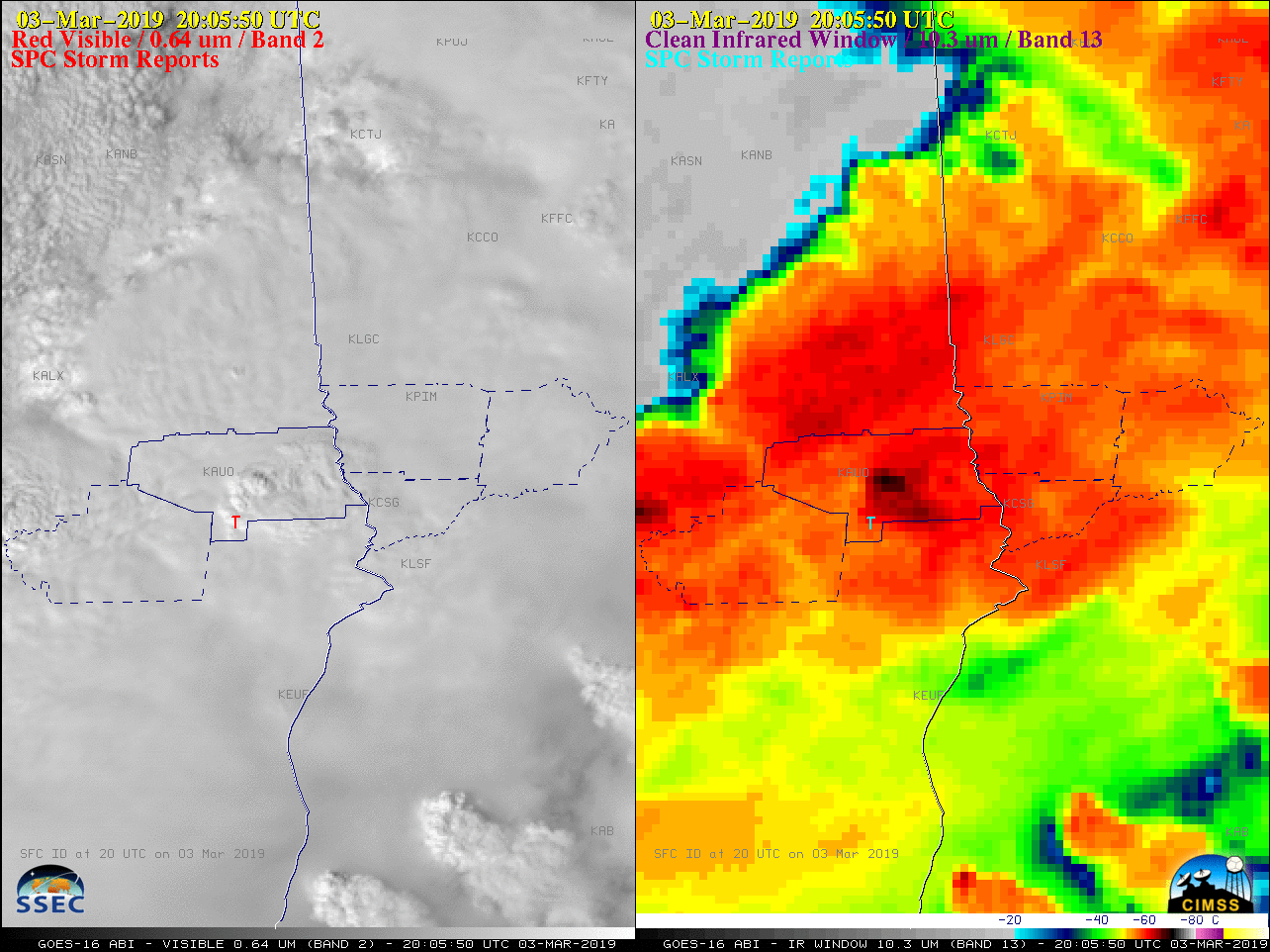 GOES-16 "Clean" Infrared Window (10.3 µm) images, with SPC storm reports plotted in cyan [click to play animation | MP4]
