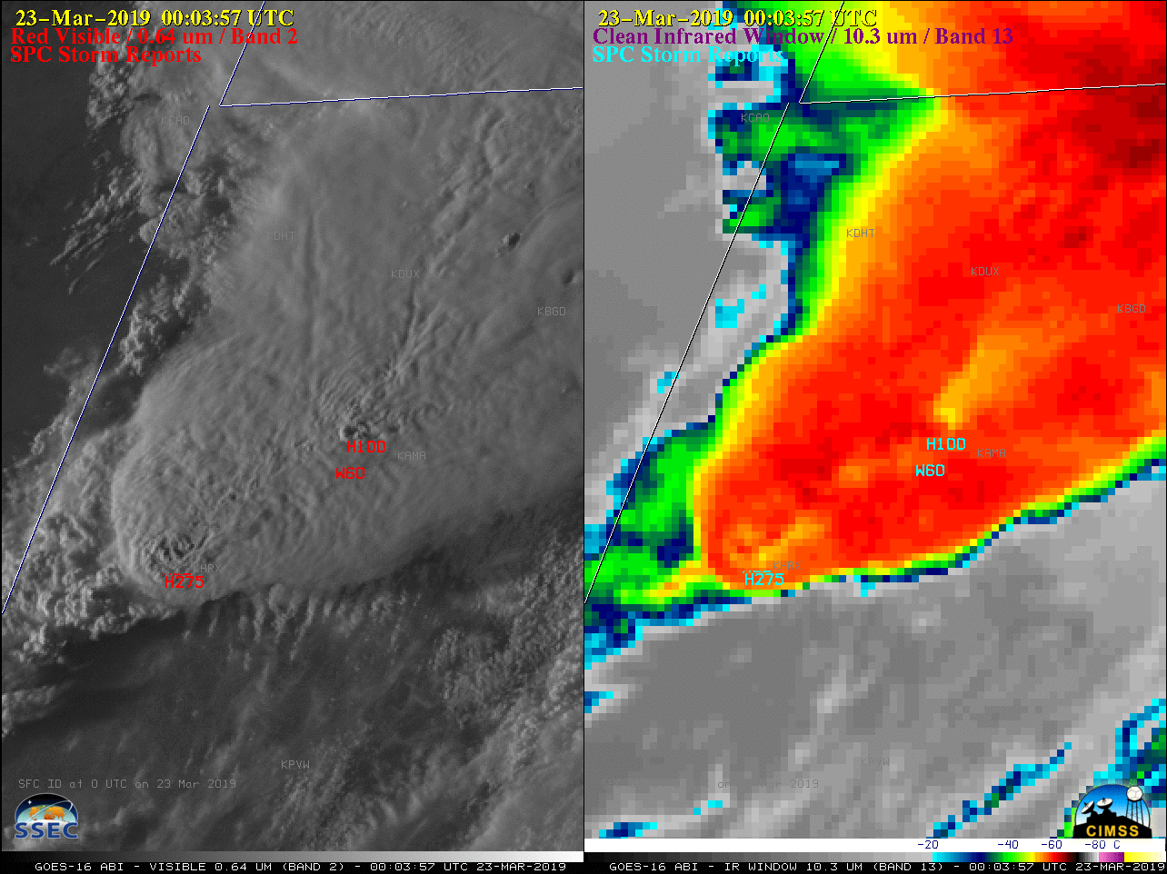 GOES-16 "Clean" Infrared Window (10.3 µm) images, with SPC storm replorts plotted in cyan [click to play animation | MP4]