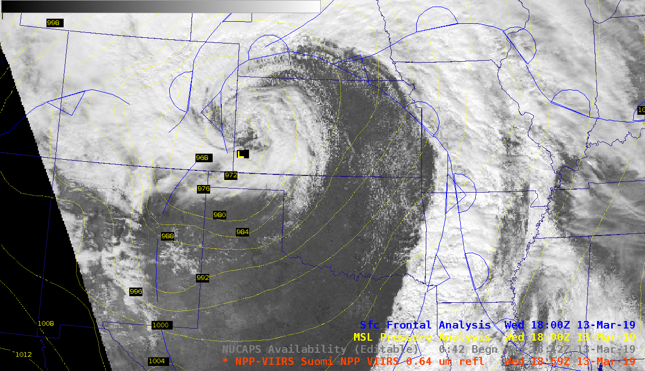 Suomi NPP VIIRS Visible (0.64 µm) image, with overlays of the surface analysis and available NUCAPS soundings [click to enlarge]