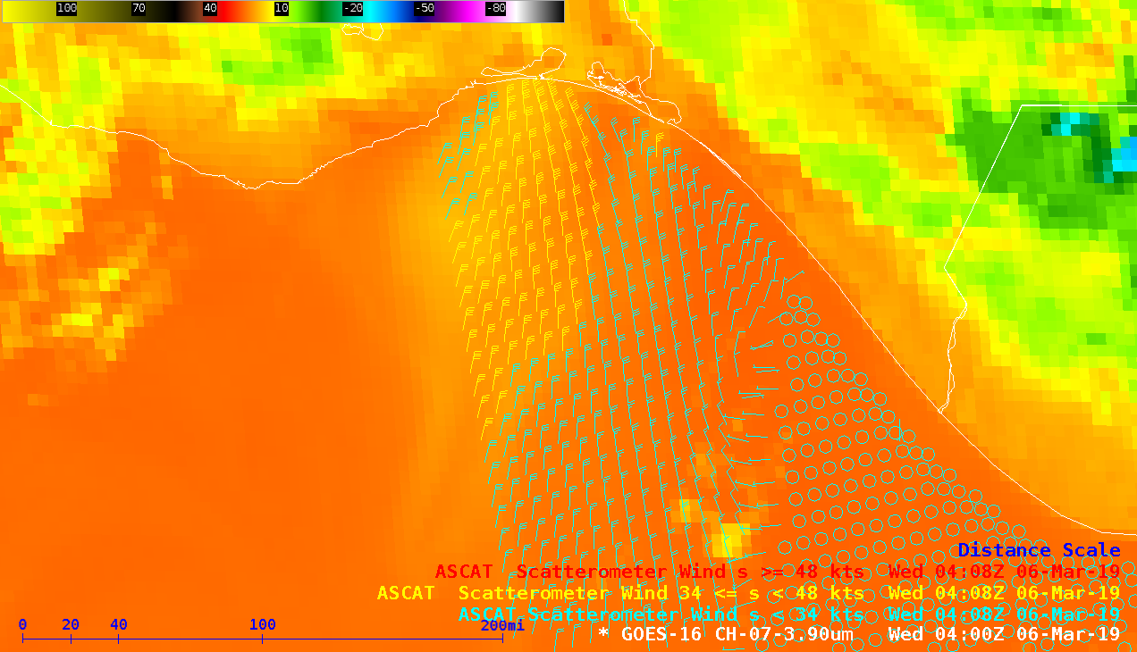 GOES-16 Shortwave Infrared (3.9 µm) image, with Metop-A ASCAT winds [click to enlarge]