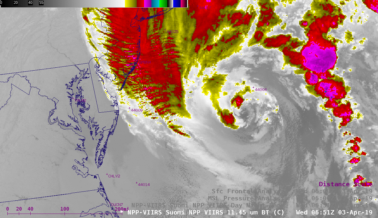 NOAA-20 VIIRS Infrared Window (11.45 µµ) and Day/Night Band (0.7 µm) images [click to enlarge]