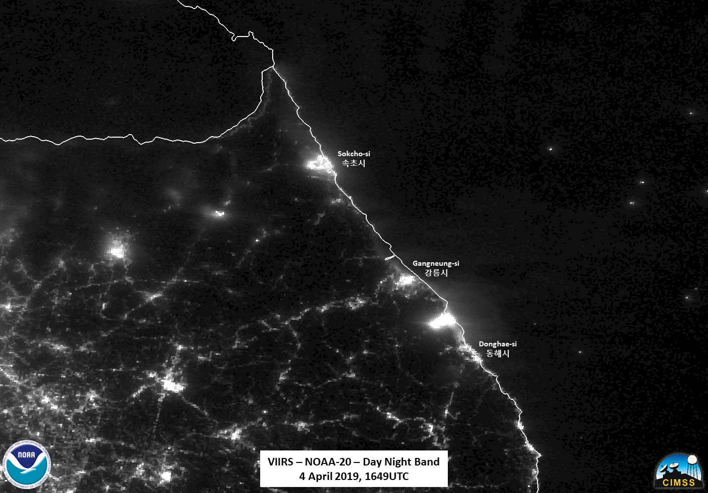NOAA-20 VIIRS Day/Night Band (0.7 µm), Near-infrared (1.61 µm and 2.24 µm), Shortwave Infrared (3.75 µm and 4.05 µm) and Infrared Window (11.45 µm) images [click to enlarge]