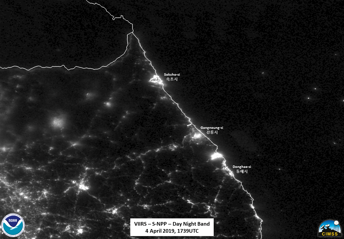 Suomi NPP VIIRS Day/Night Band (0.7 µm), Near-infrared (1.61 µm and 2.24 µm), Shortwave Infrared (3.75 µm and 4.05 µm) and Infrared Window (11.45 µm) images [click to enlarge]