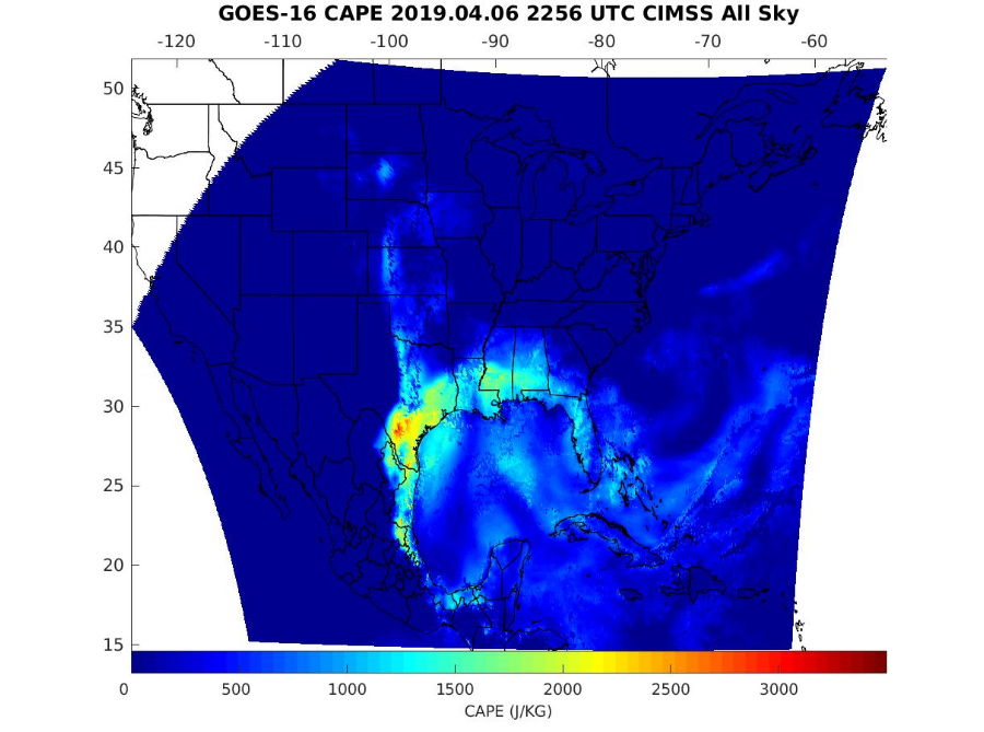 GOES-16 All Sky Convective Available Potential Energy (CAPE) product [click to play animation]