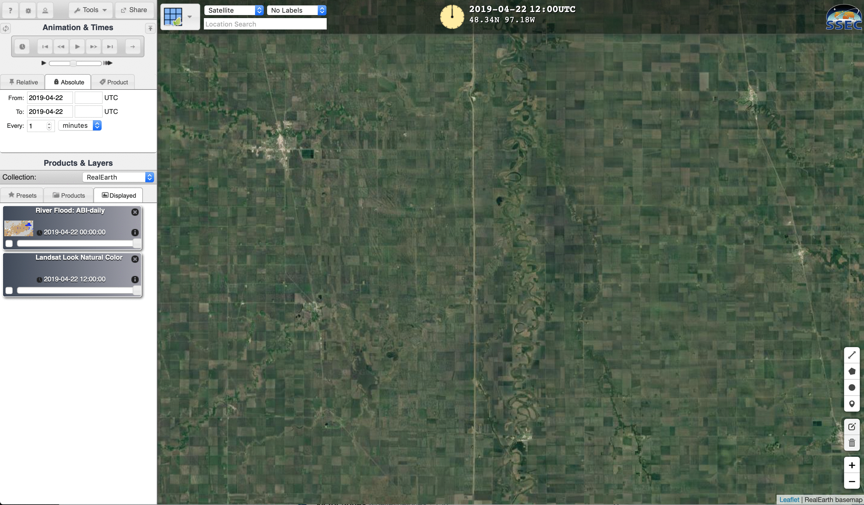 Google Maps background, Landsat-8 False Color RGB image and GOES-16 Flood Detection product [click to enlarge]