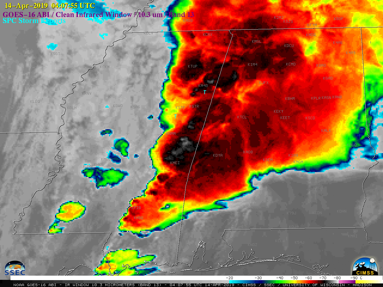 GOES-16 "Clean" Infrared Window (10.3 µm) images, with SPC storm reports plotted in cyan [click to play MP4 animation]