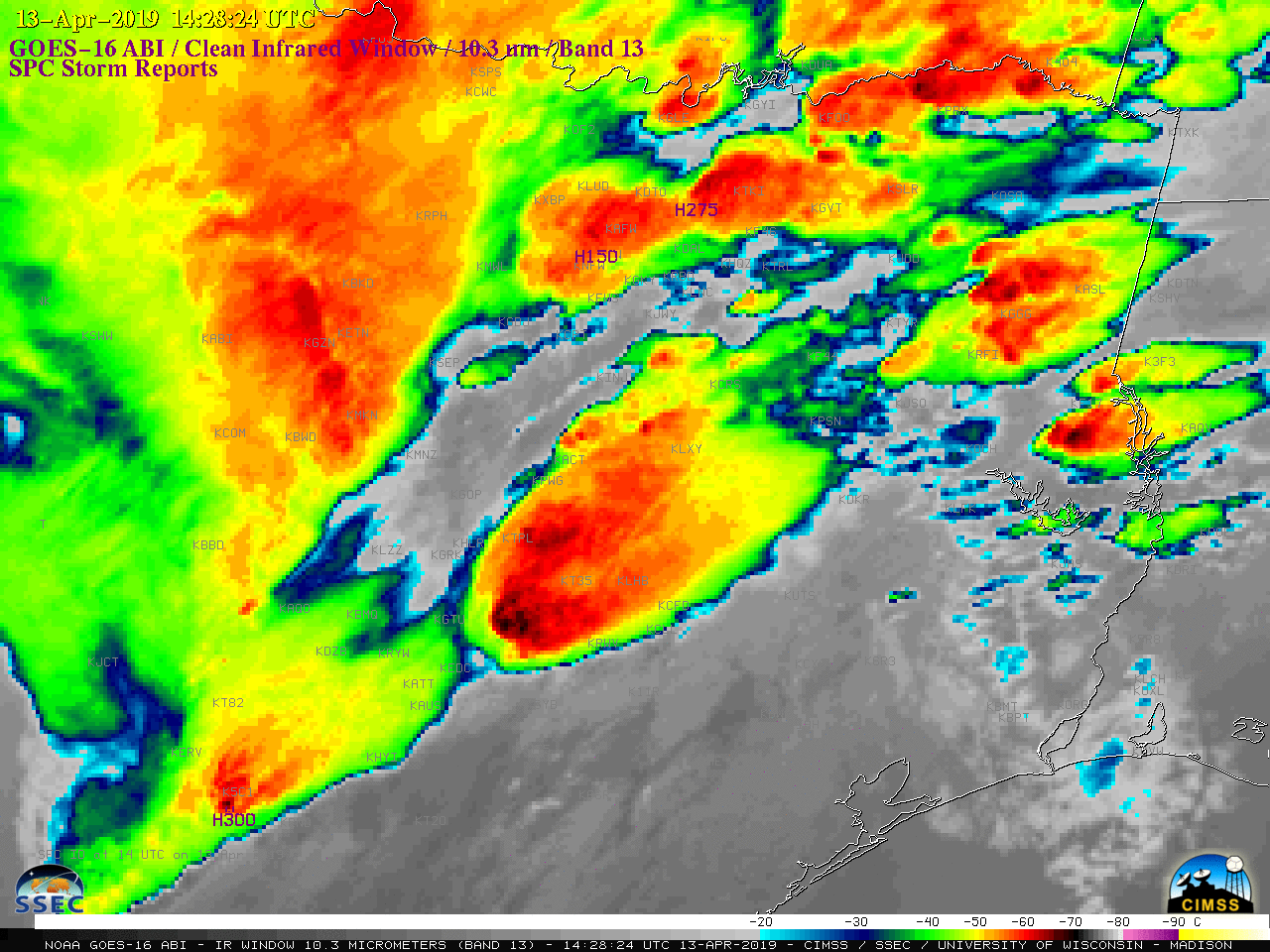 GOES-16 "Clean" Infrared Window (10.3 µm) images, with SPC storm reports plotted in purple [click to play MP4 animation]