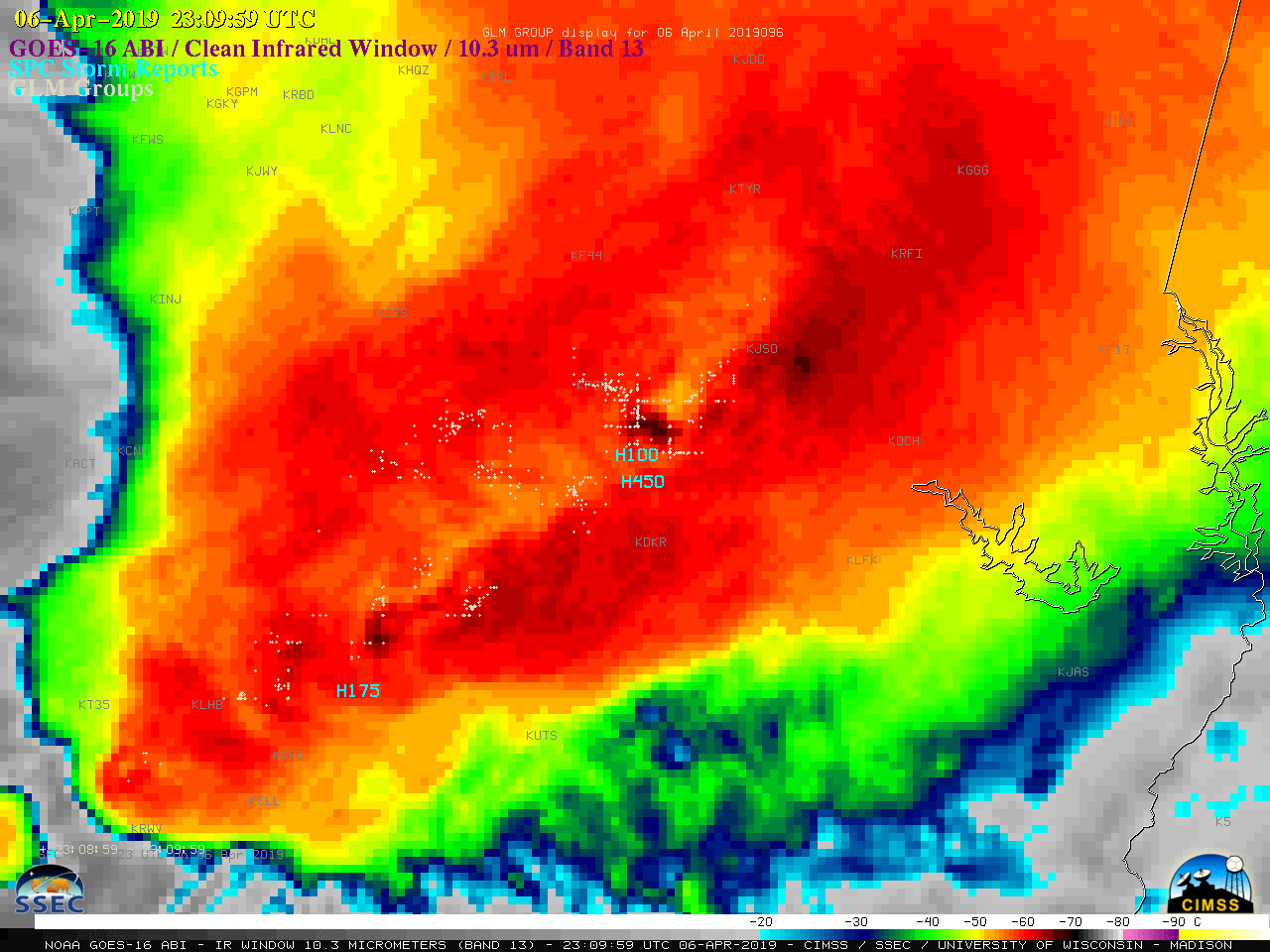 GOES-16 "Clean" Infrared Window (10.3 µm) images, with GLM Groups plotted in beige and SPC storm reports plotted in cyan [click to play animation | MP4]