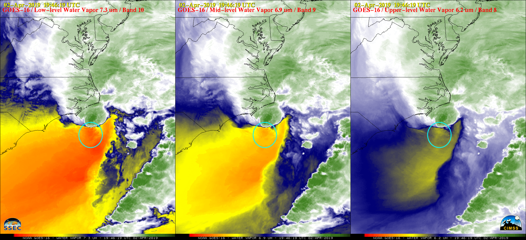 GOES-16 Low-level (7.3 µm), Mid-level (6.9 µm) and Upper-level (6.2 µm) Water Vapor images [click to play animation | MP4]