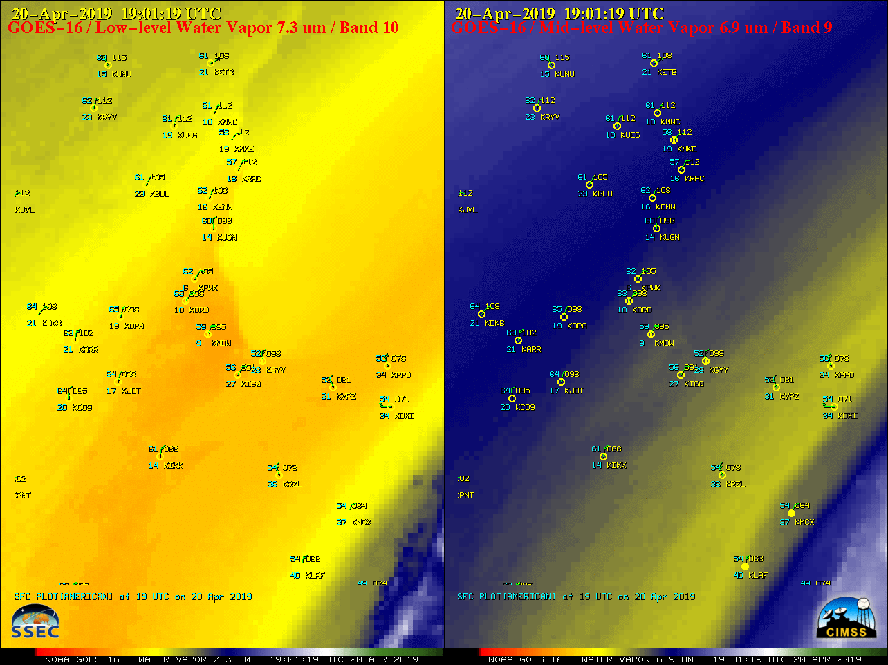 GOES-16 Low-level (7.3 µm, left) and Mid-level (6.9 µm, right) Water Vapor images [click to play animation | MP4]