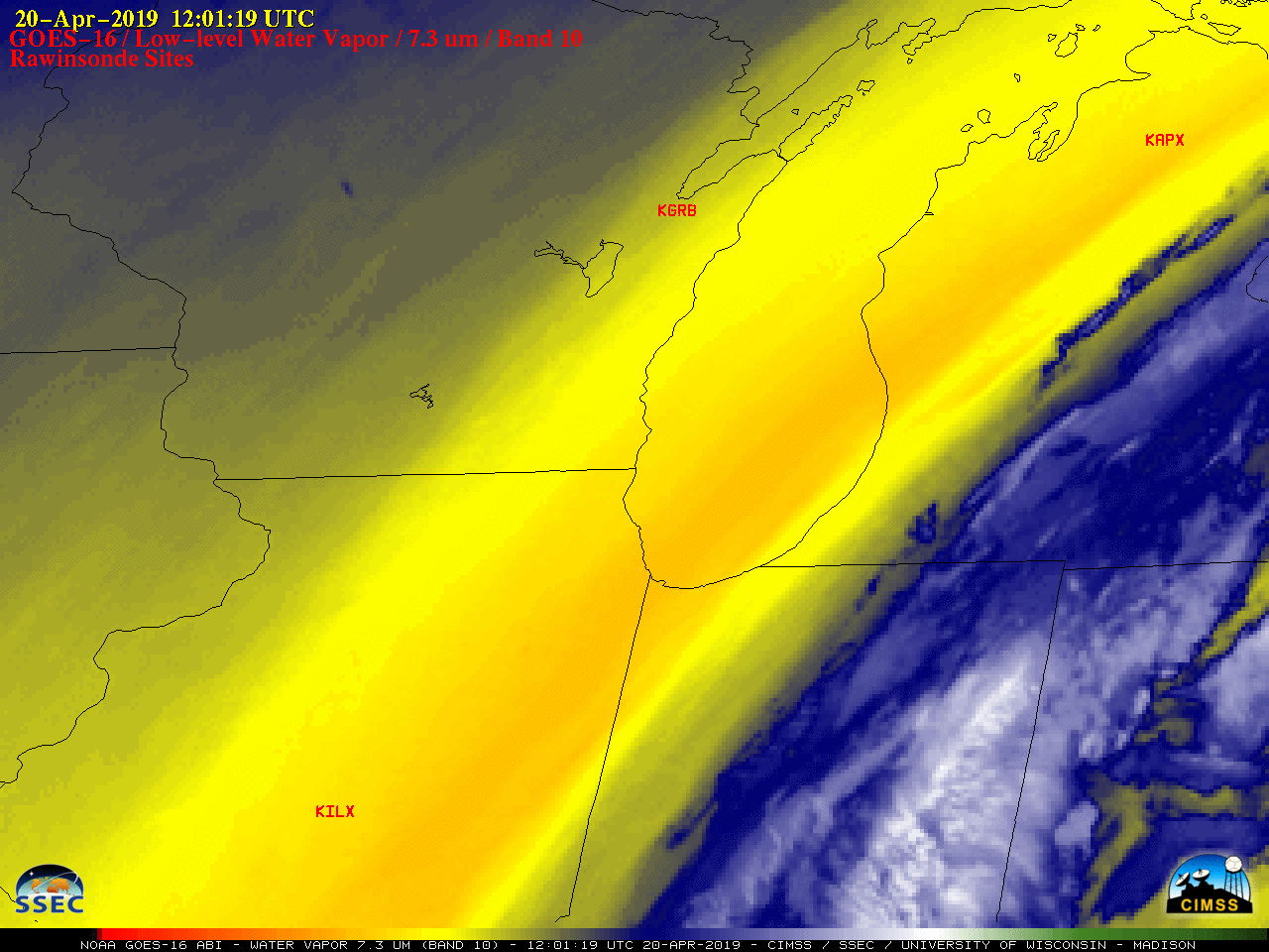 GOES-16 Low-level Water Vapor (7.3 µm) image, with plots of rawinsonde sites [click to enlarge]