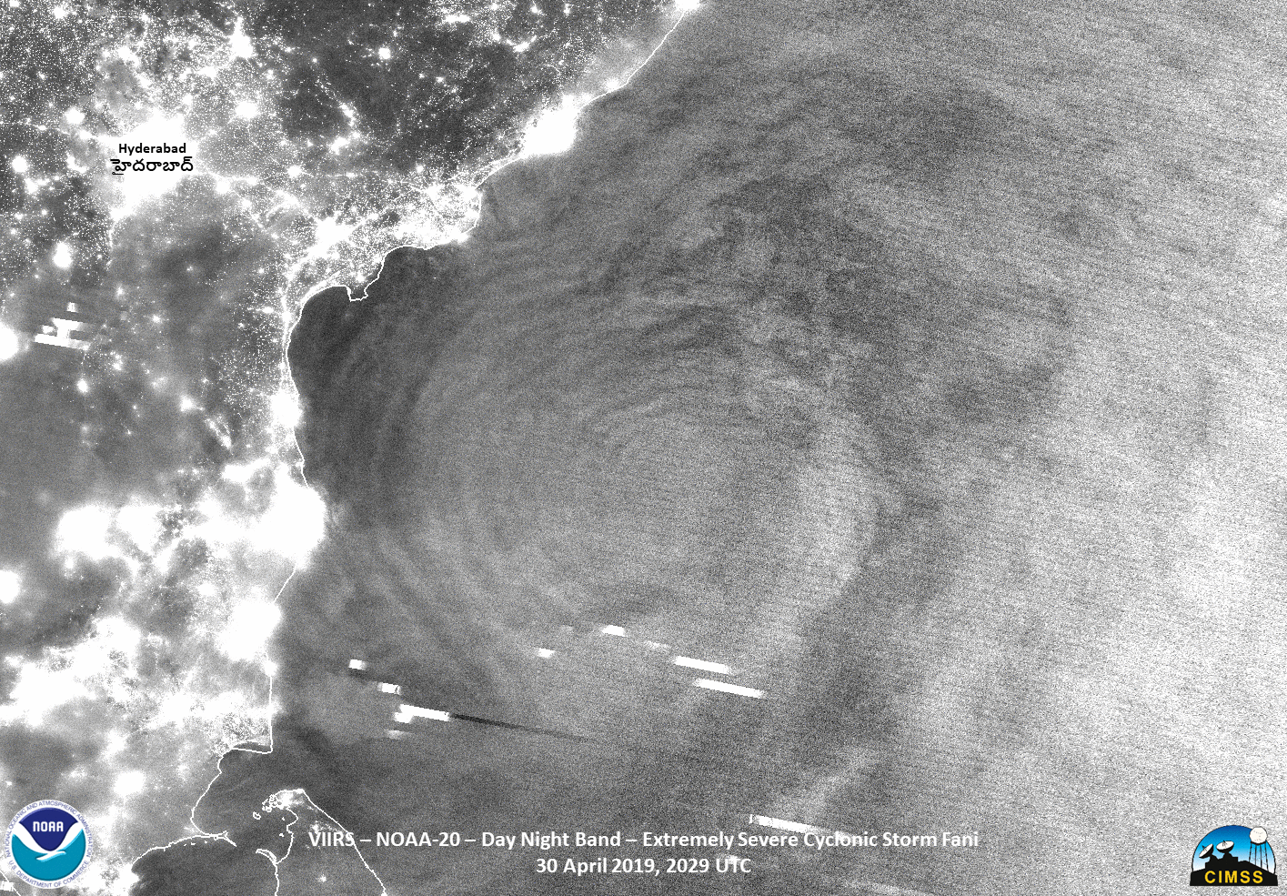 NOAA-20 VIIRS Day/Night Band (0.7 µm) and Infrared Window (11.45 µm) images at 2029 UTC on 30 April [click to enlarge]