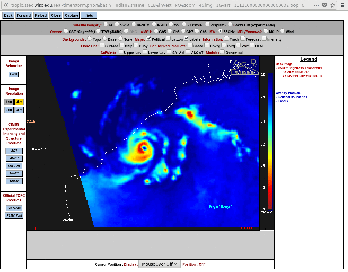 DMSP-17 SSMIS Microwave (85 GHz) image at 1230 UTC + Meteosat-8 Infrared Window (10.8 µm) image at 1300 UTC [click to enlarge]