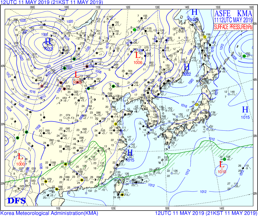Surface analyses at 3-hour intervals from 12 UTC on 11 May to 00 UTC on 13 May [click to enlarge]
