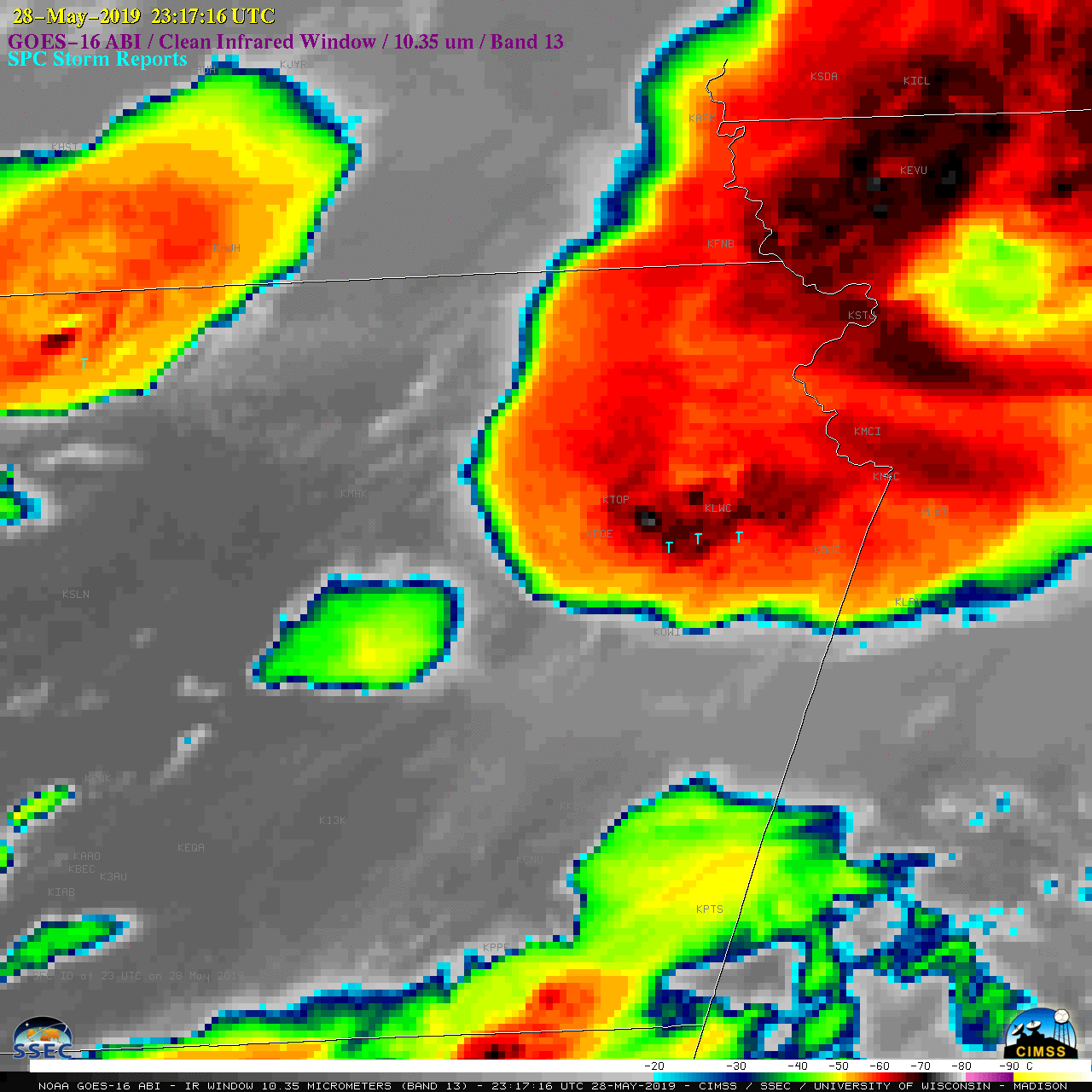 GOES-16 “Clean” Infrared Window (10.35 µm) images, with SPC Storm Reports plotted in cyan [click to play MP4 animation]
