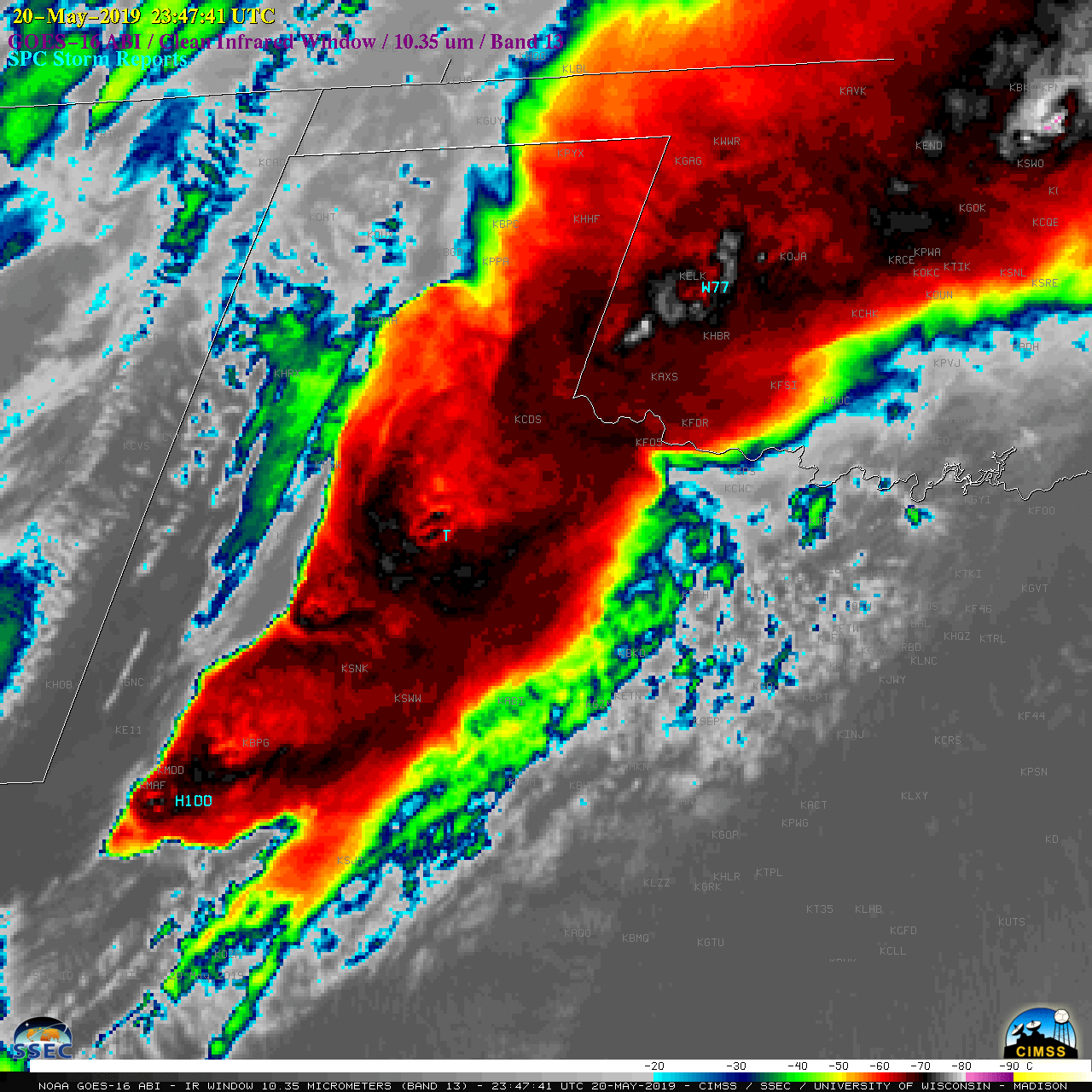 GOES-16 "Clean" Infrared Window (10.35 µm) images, with SPC Storm Reports plotted in cyan [click to play MP4 animation]