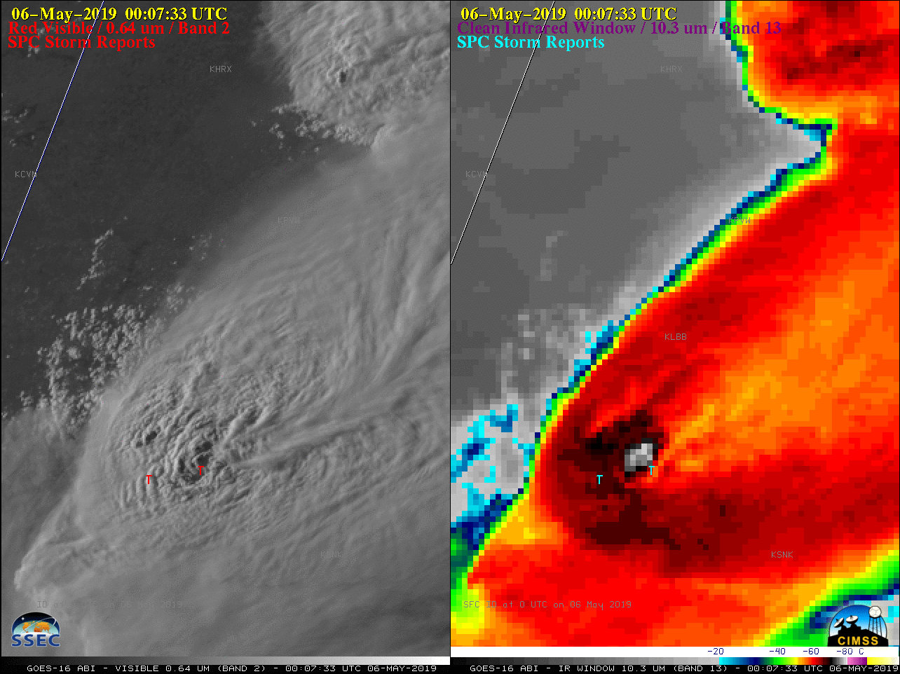 GOES-16 "Red" Visible (0.64 µm, left) and "Clean" Infrared Window (10.3 µm, right) images, with plots of SPC storm reports [click to play animation | MP4]