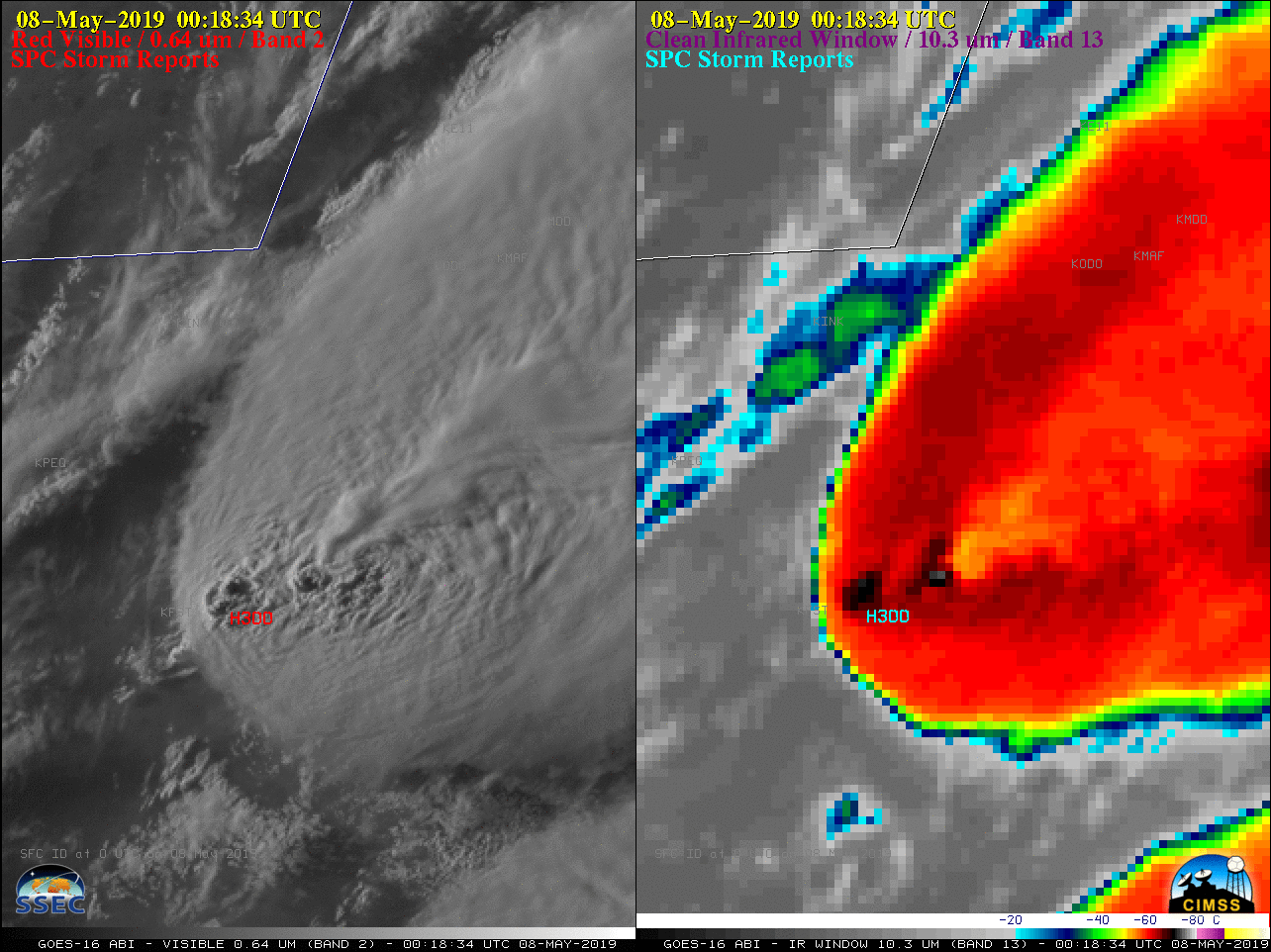 GOES-16 "Red" Visible (0.64 µm, left) and "Clean" Infrared Window (10.3 µm, right) images with plots of SPC storm reports [click to play animation | MP4]