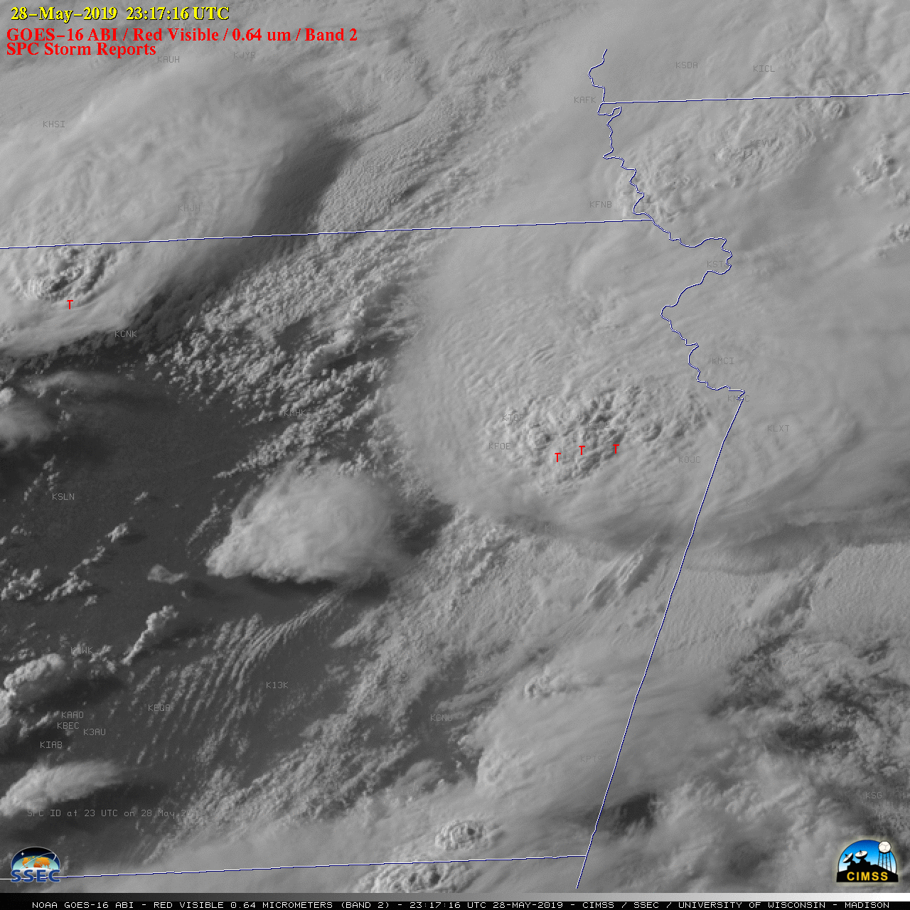 GOES-16 “Red” Visible (0.64 µm) images, with SPC Storm Reports plotted in red [click to play MP4 animation]