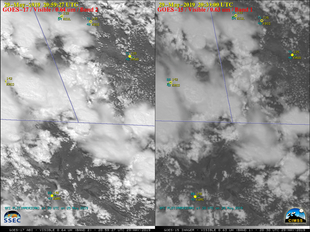 GOES-17 “Red” Visible (0.64 µm, left) and GOES-15 Visible (0.63 µm, right) images, with hourly plots of surface reports [click to play MP4 animation]