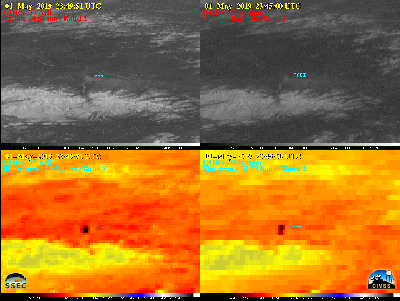 GOES-17 Visible (0.64 µm, top left), GOES-15 Visible (0.63 µm, top right), GOES-17 Shortwave Infrared (3.9 µm, bottom left) and GOES-15 Shortwave Infrared (3.9 µm, bottom right) images [click to play animation | MP4]