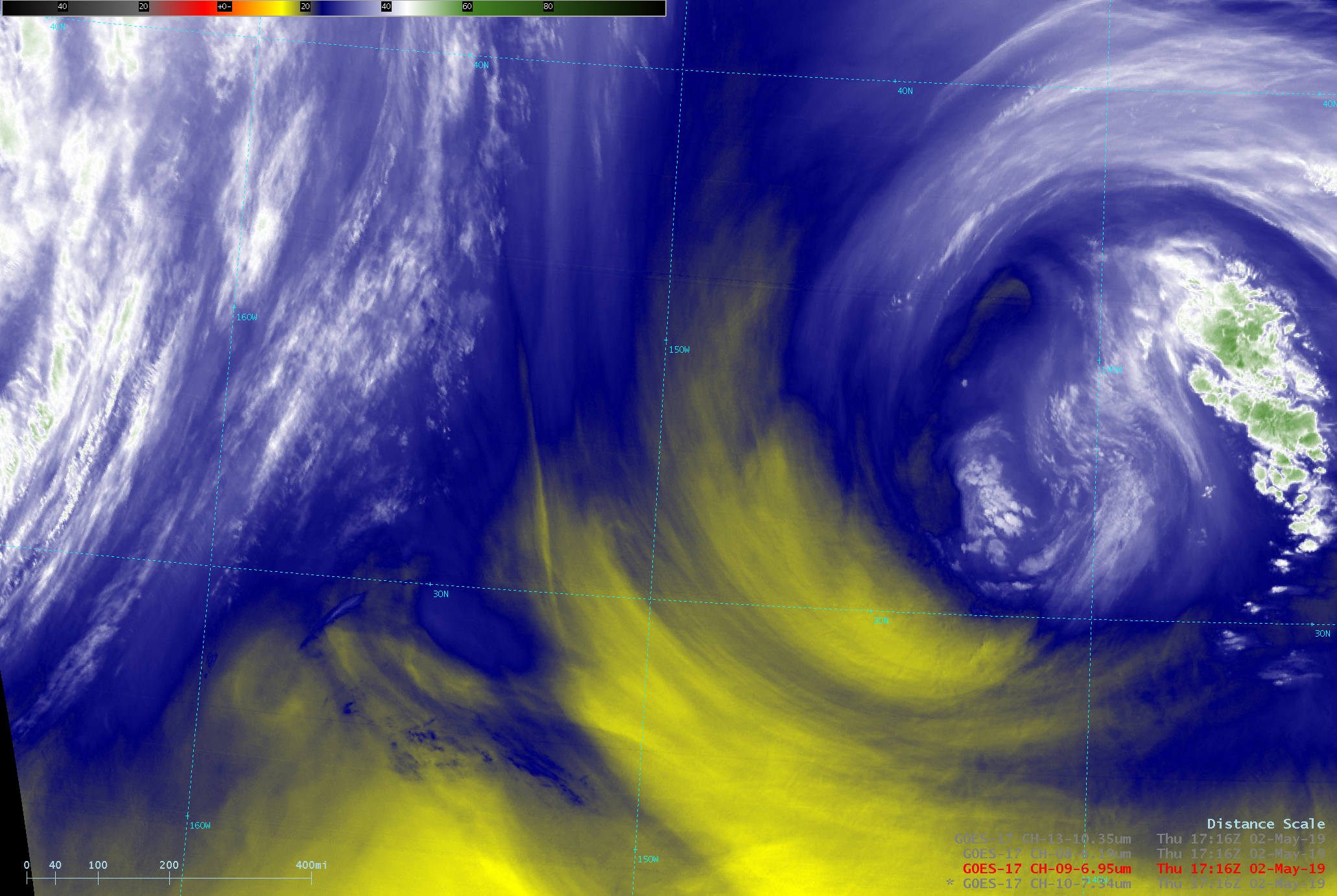 GOES-17 Low-level Water Vapor (7.3 µm), Mid-level Water Vapor (6.9 µm), Upper-level Water Vapor (6.2 µm) and 