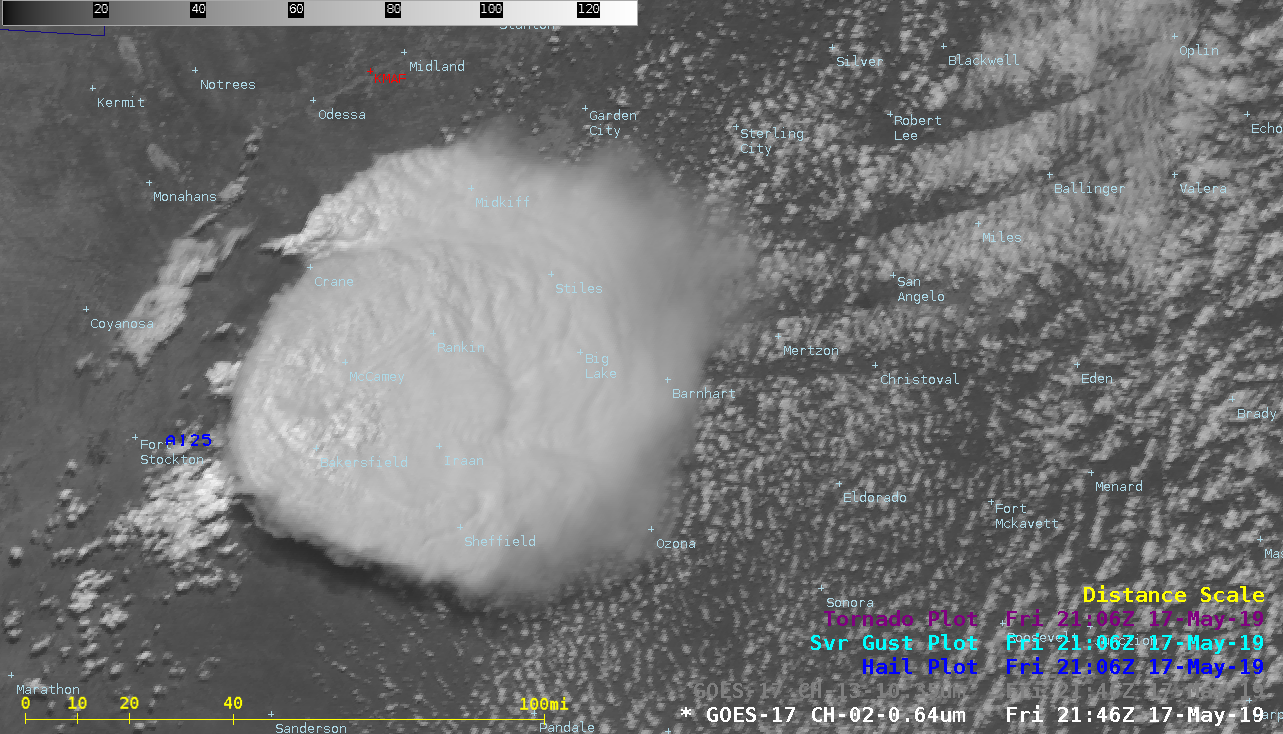 GOES-17 "Red" Visible (0.64 µm) and "Clean" Infrared Window (10.35 µm) images, with plots of SPC Storm Reports [click to play MP4 animation]