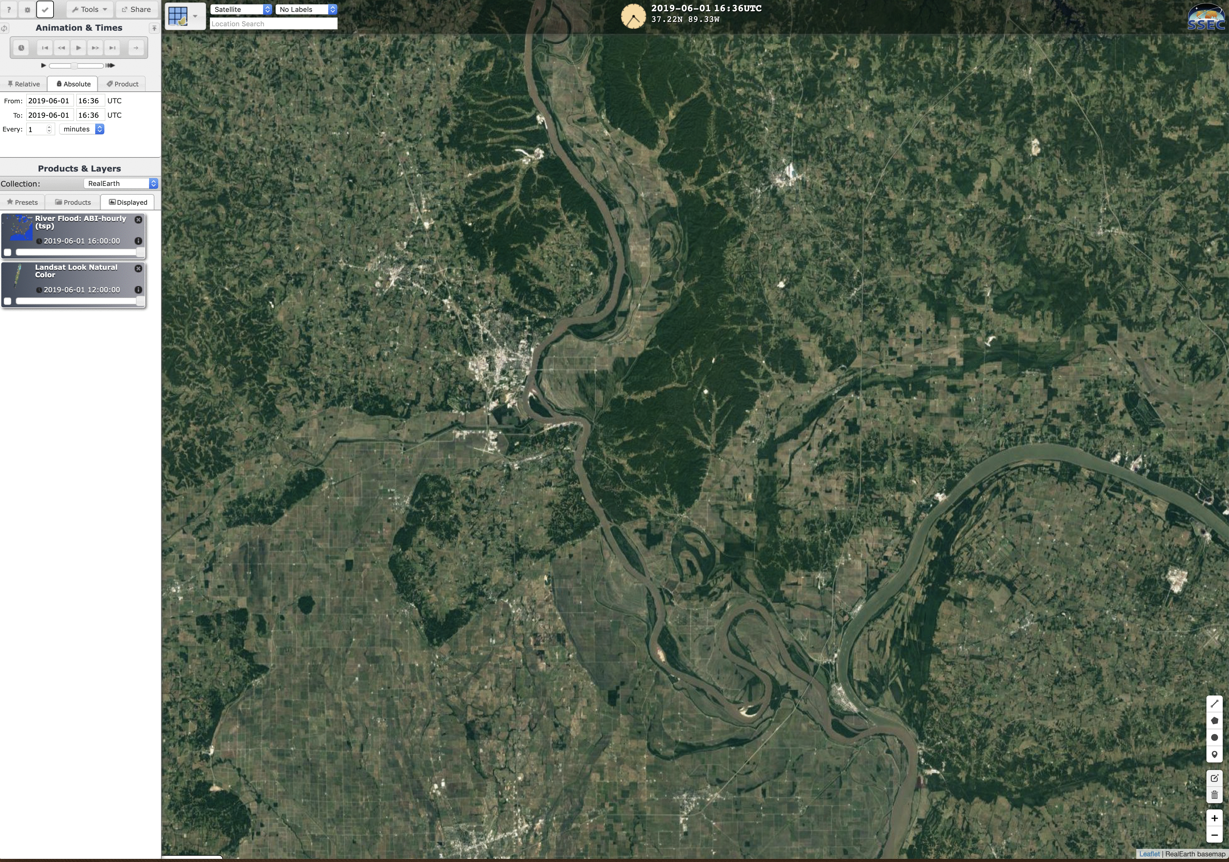 Landsat-8 False Color RGB images + GOES-16 River Flood Areal Extent product near the confluence of the Mississippi and Ohio Rivers [click to enlarge]