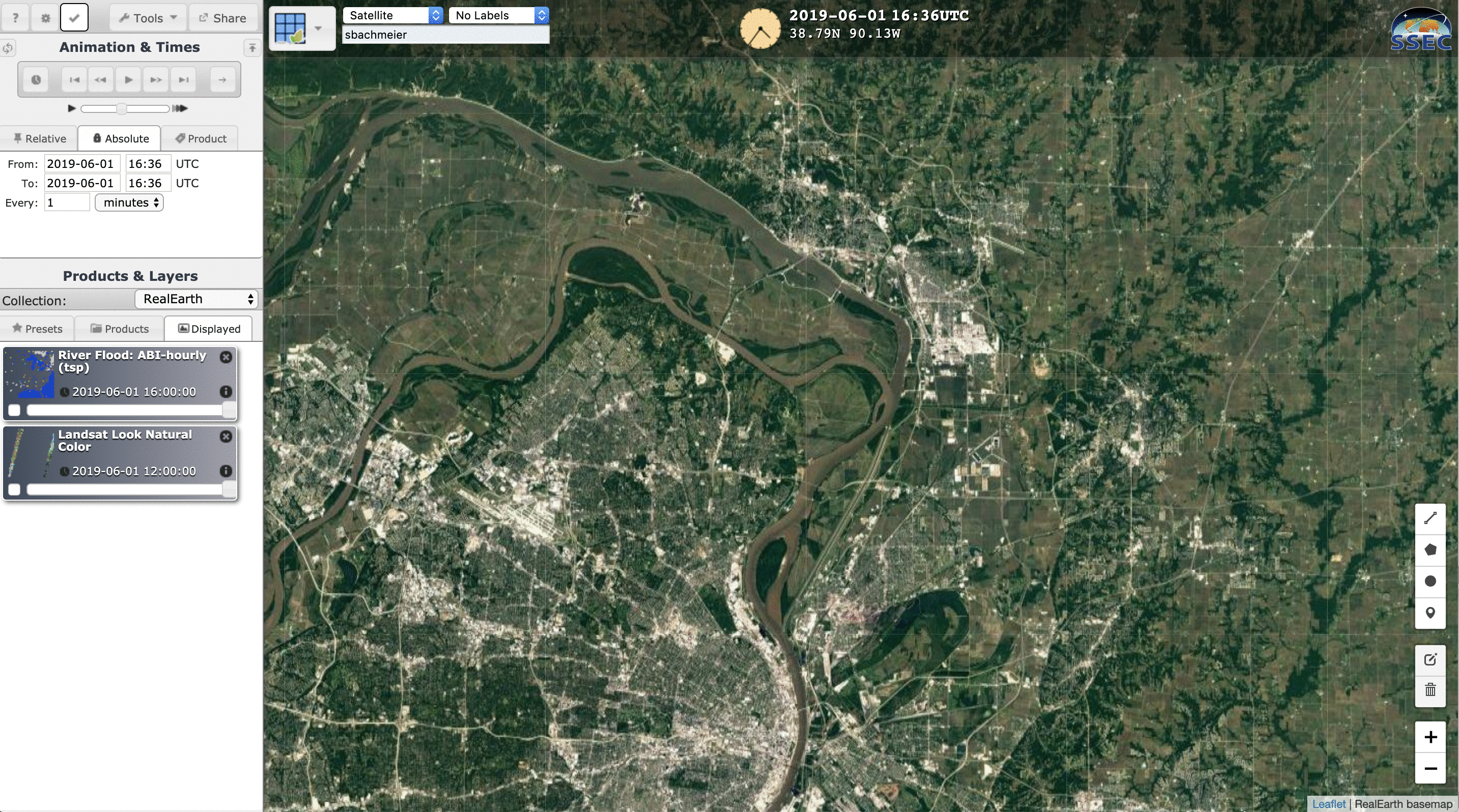 Landsat-8 False Color RGB images + GOES-16 River Flood Areal Extent product near the confluence of the Mississippi and Missouri Rivers [click to enlarge]