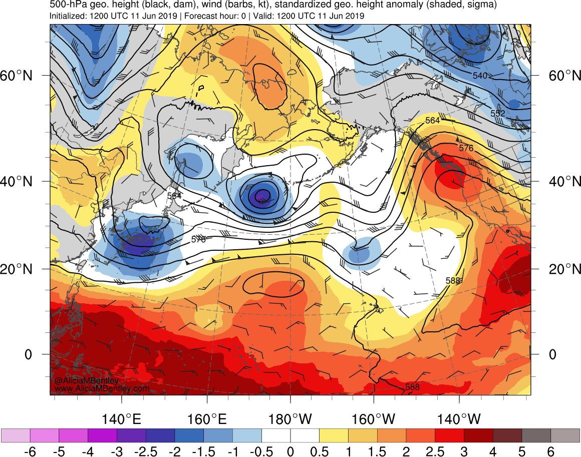 6-hourly GFS 500 hPa geopotential height, wind, and standardized height anomaly [click to enlarge]