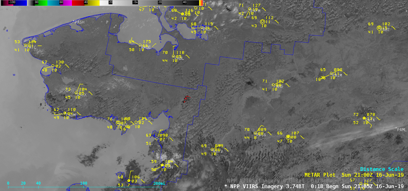 Suomi NPP VIIRS Shortwave Infrared (3.74 µm) and Visible (0.64 µm) images, with surface observations plotted in yellow [click to enlarge]