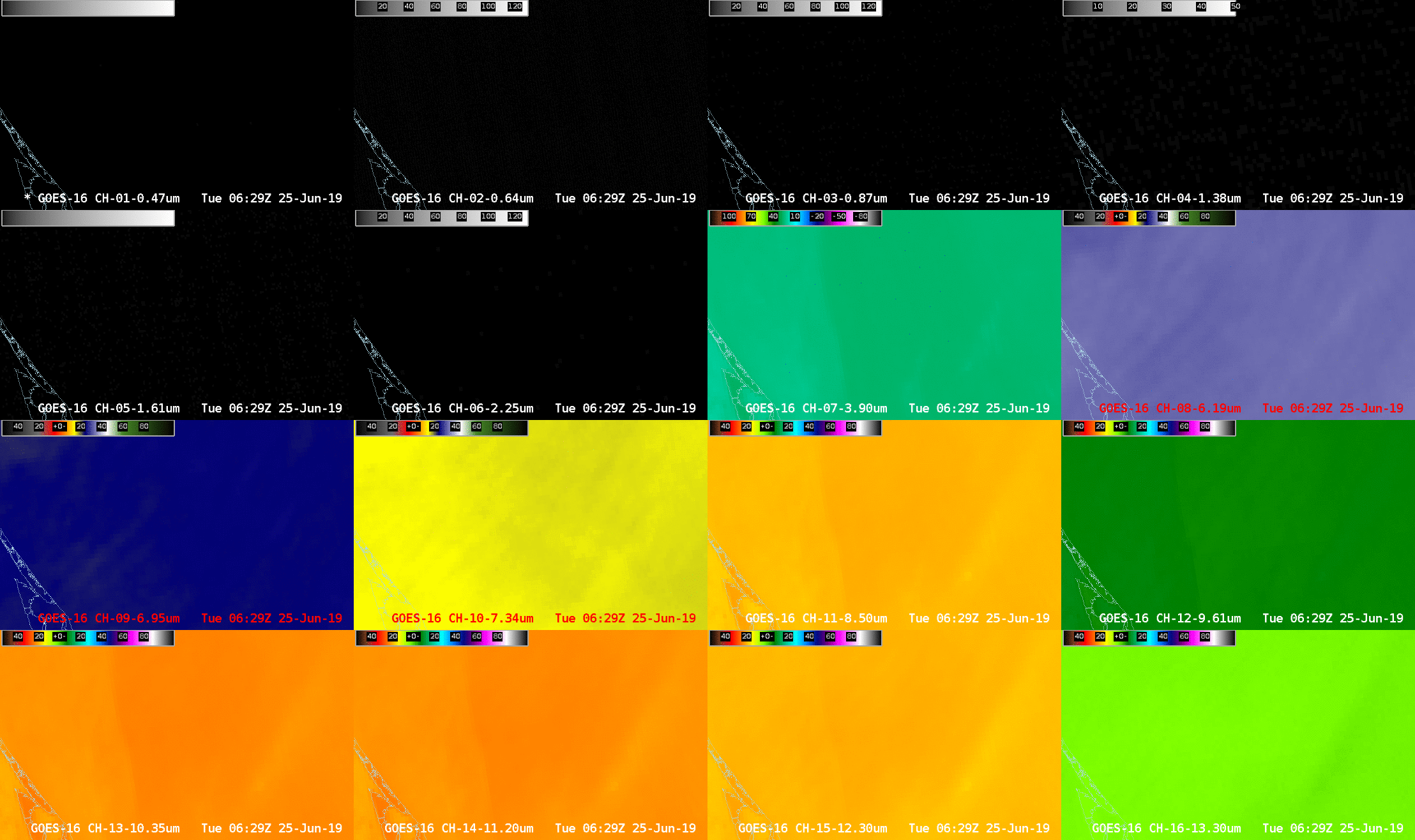 16-panel images of all GOES-16 ABI spectral bands [click to enlarge]