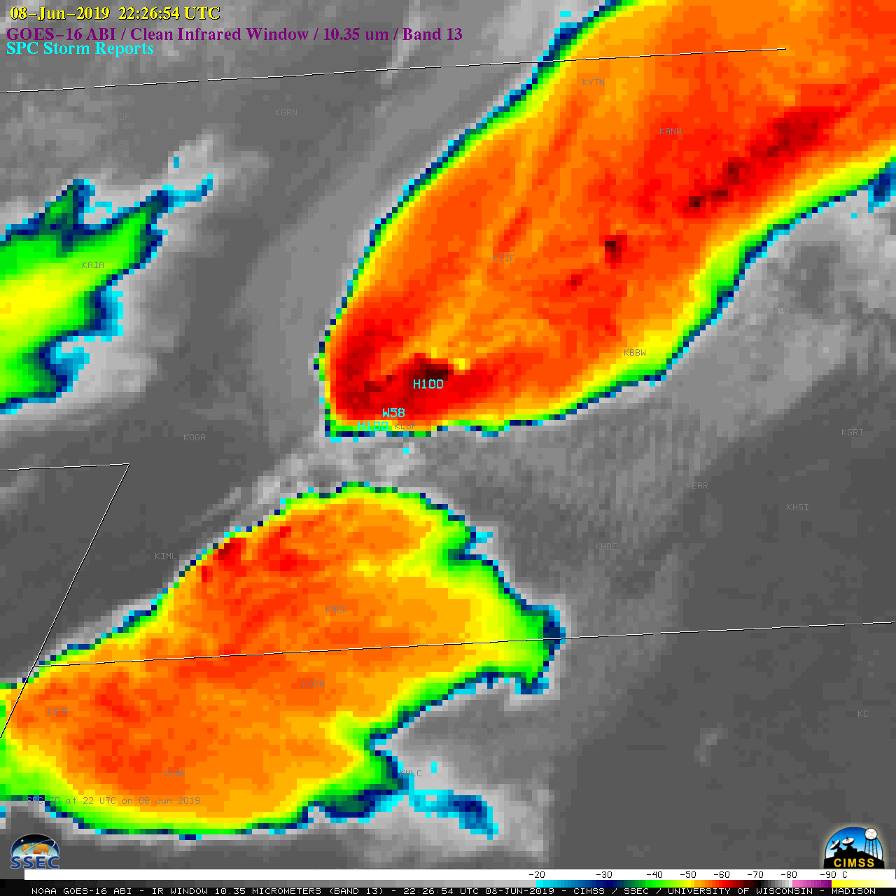 GOES-16 "Clean" Infrared Window (10.35 µm) images, with SPC Storm Reports plotted in cyan [click to play MP4 animation | 159 MB animated GIF]