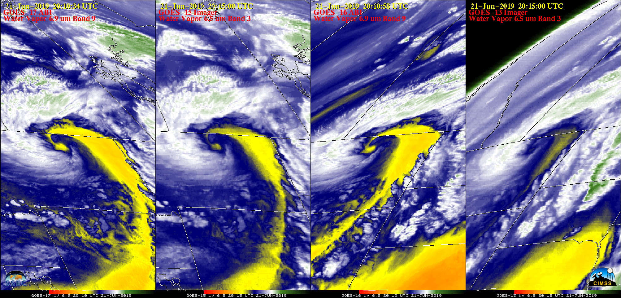 Water Vapor images from GOES-17, GOES-15, GOES-16 and GOES-13, all centered at Glasgow, Montana [click to play animation | MP4]